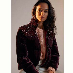 NWT Anthropologie Maeve Sequined Burgundy Puffer Jacket with High Collar Size XS